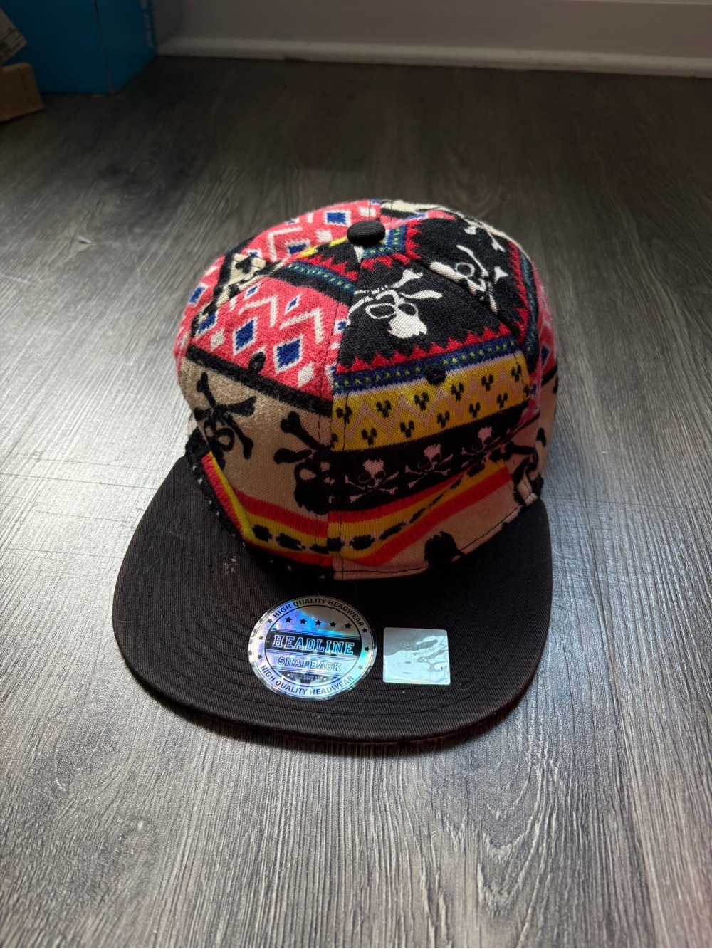 Vintage Headline 5 Panel Cap with Skull & Geometric Print